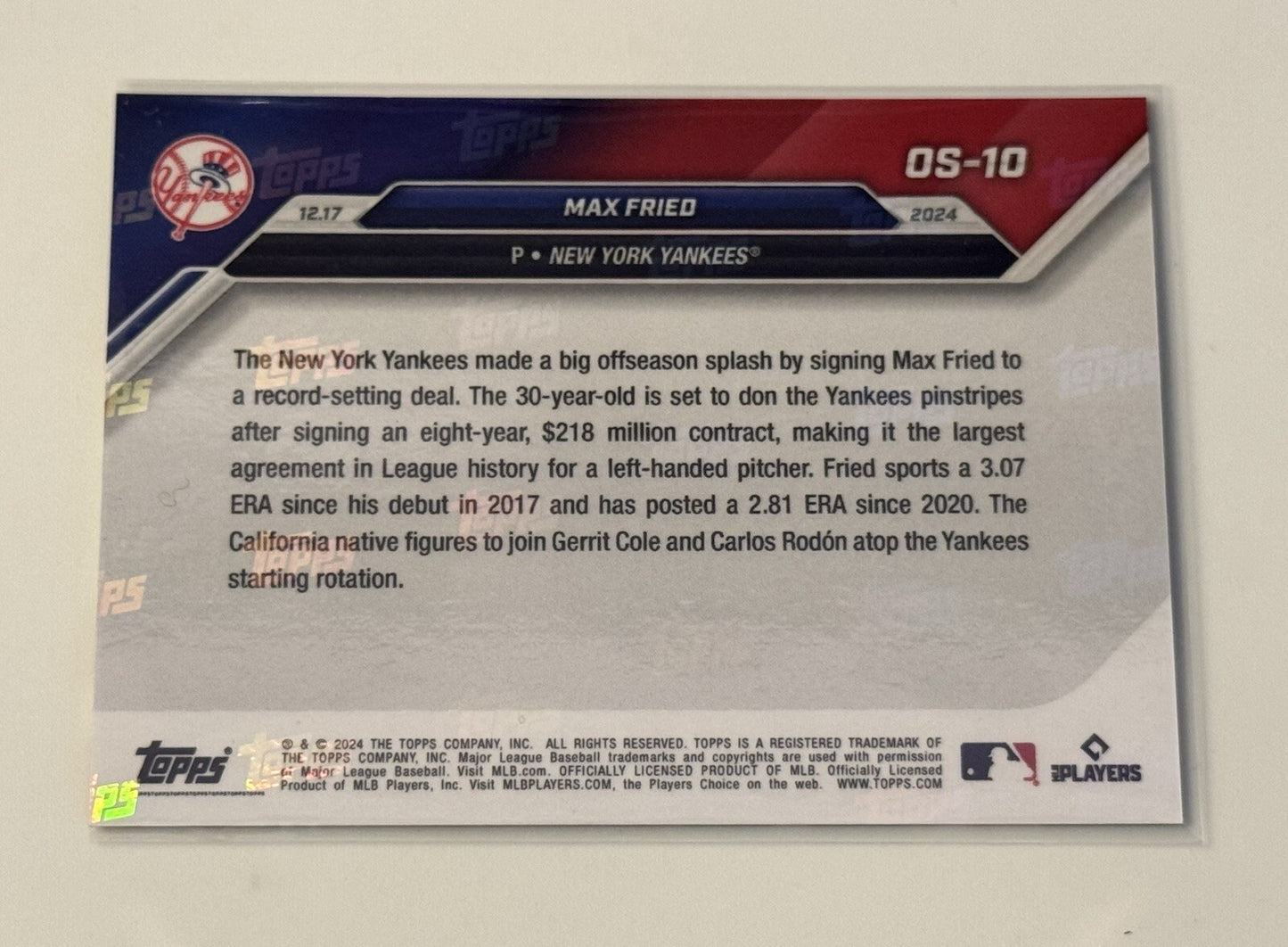 03/49 2024 Topps Now Max Fried Joins NY Yankees with Mega Contract #OS-10 READY!