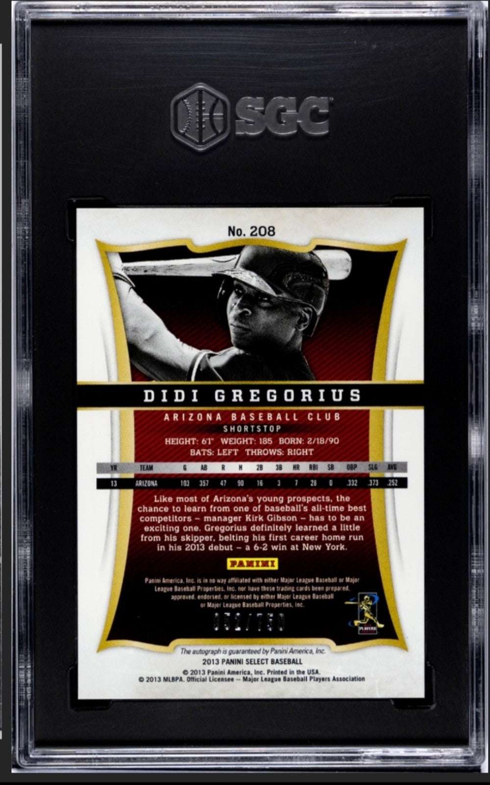 2013 Panini Select Didi Gregorius RC* Auto MLB Rookie Card #208 NY Yankees SGC 8
