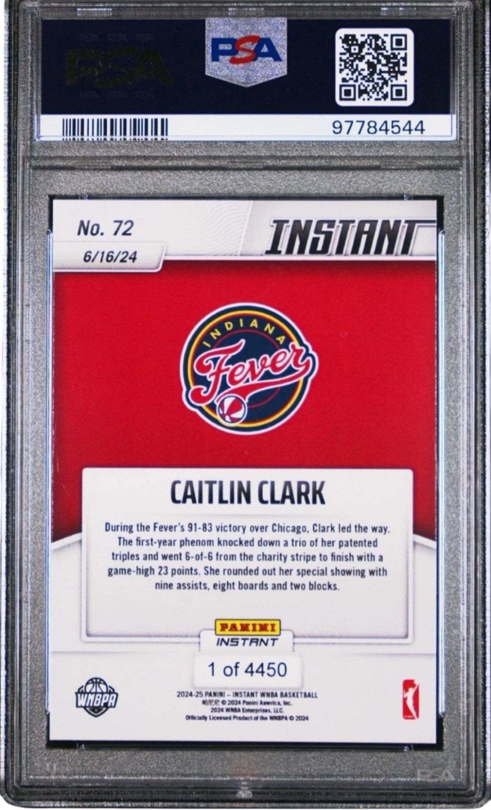 2024 Panini Instant WNBA Caitlin Clark Rookie Card 72 Win V Sky RC /4450 - SGC 8