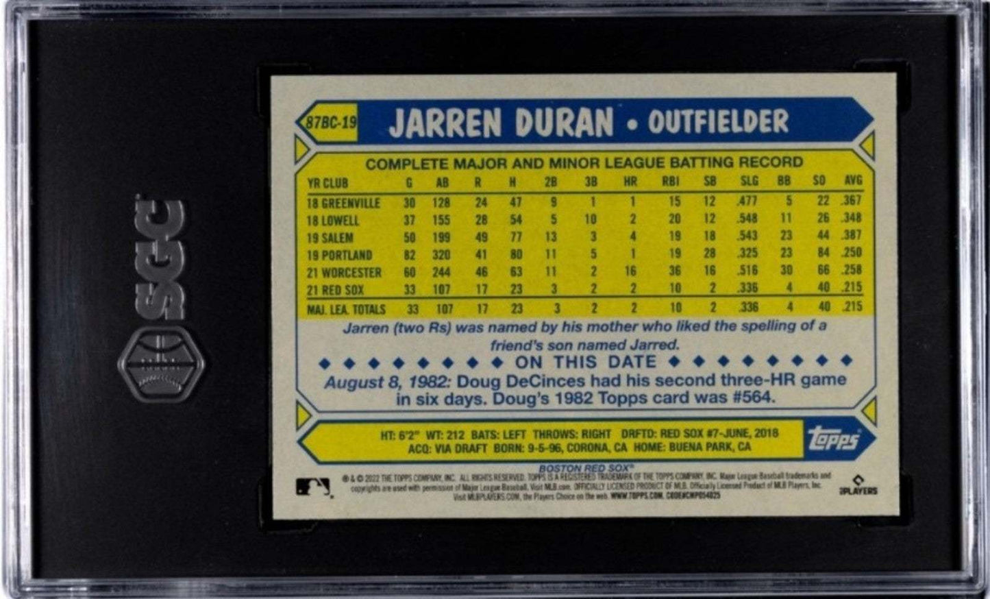 2022 Topps Chrome - 1987 Topps Jarren Duran RC* - MLB Red Sox #87BC-19 - SGC 8.5