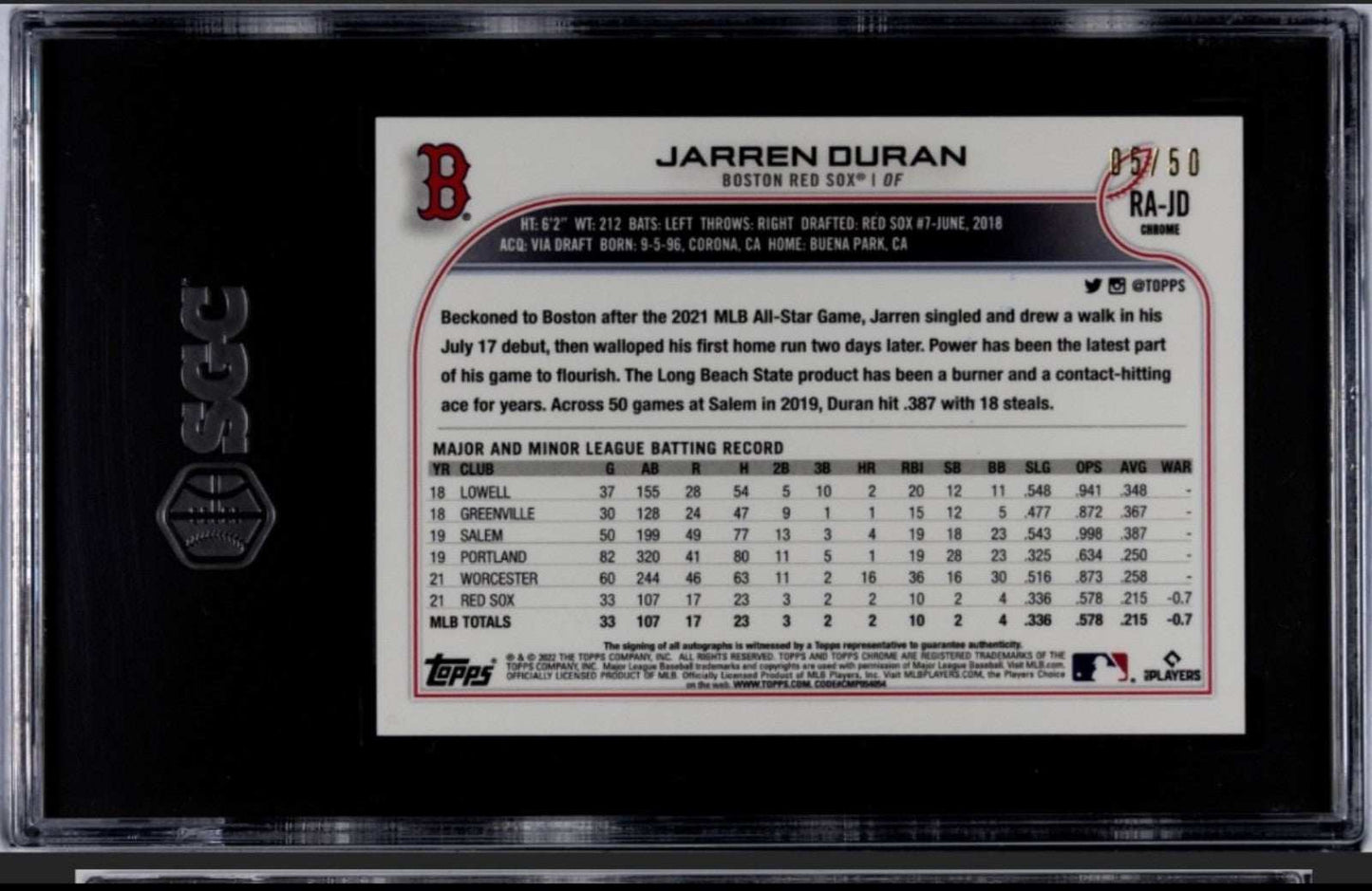 5/50* GOLD 2022 TOPPS CHROME JARREN DURAN RC AUTOGRAPHED REFRACTOR RA-JD SGC 9.5