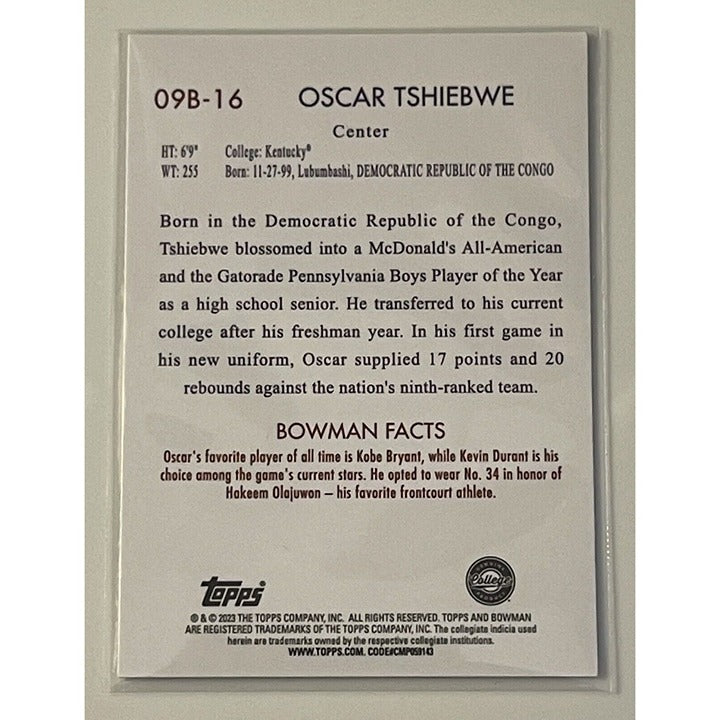 2022-23 Bowman University Chrome OSCAR TSHIEBWE RC 1st Bowman #09B-16 Wildcats