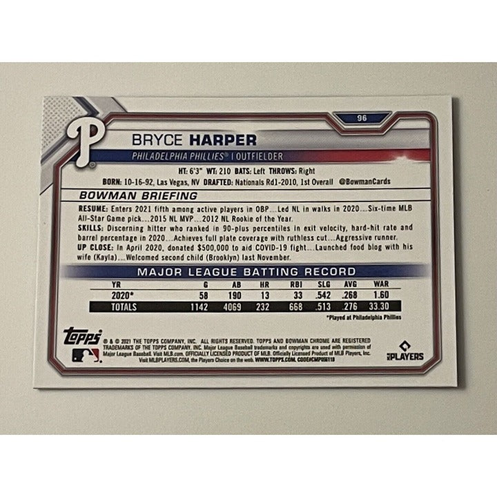 2021 Bowman Chrome Blue Refractor - Bryce Harper #96 - MLB Philadelphia Phillies