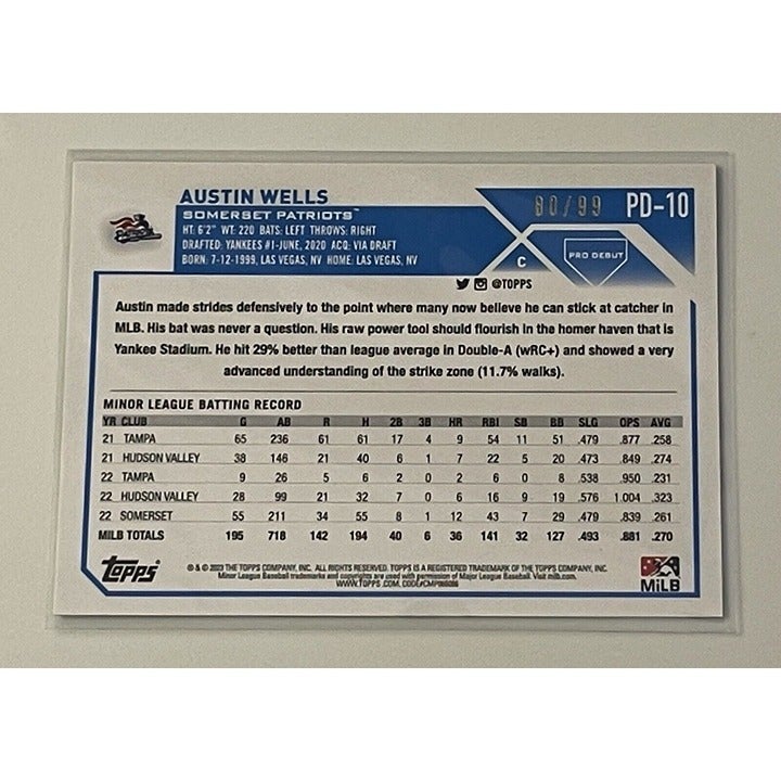 2023 Topps Pro Debut 80/99 Austin Wells RC Card PD-10 Refractor Patriots/Yankees