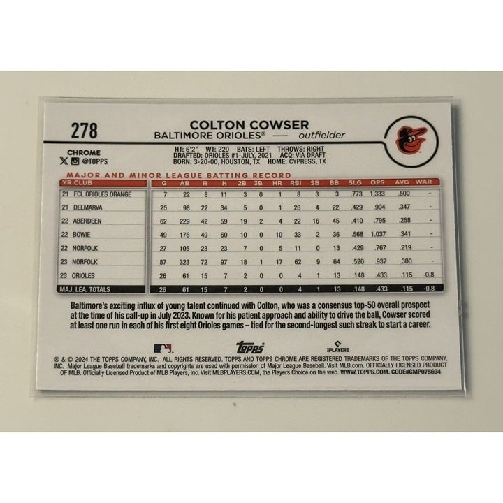2024 Topps Chrome Colton Cowser RC* Purple Sonar Refractor MLB Orioles Card #278