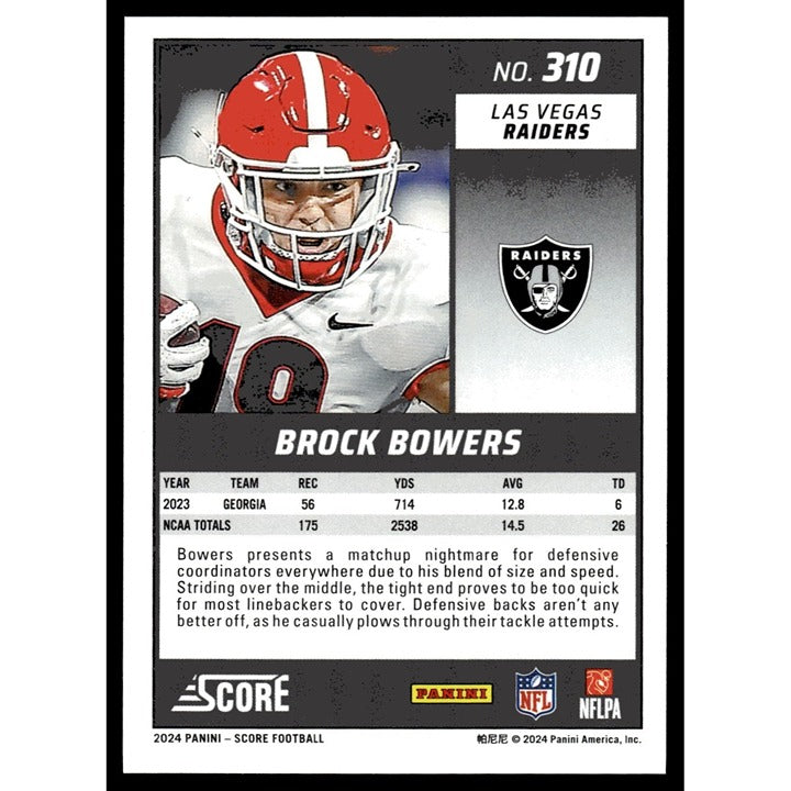 Brock Bowers RC - 2024 Score Football #310 - UGA Las Vegas Raiders Rookie - Mint