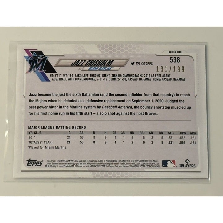 131/199 Jazz Chisholm RC 2021 Topps Series 2 Green Foil MLB Marlins/Yankees #538