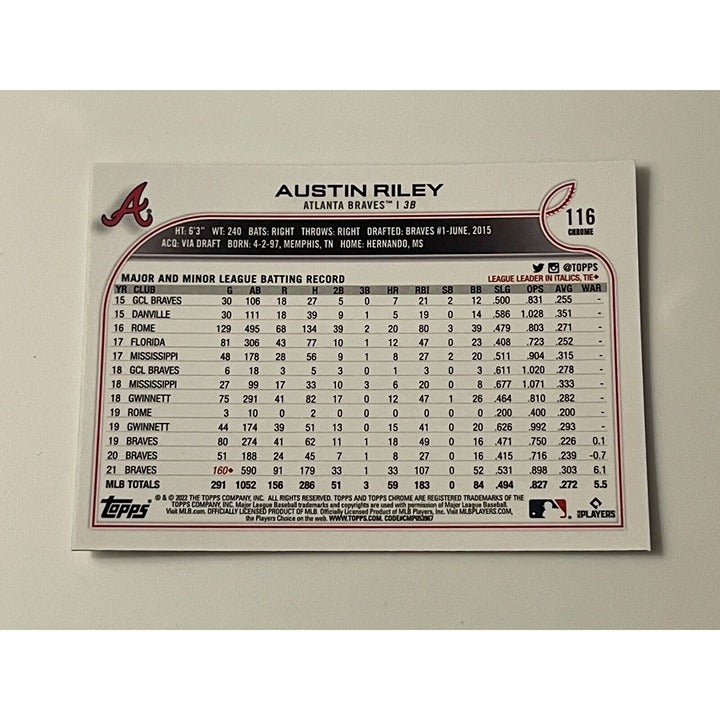 Austin Riley 2022 Topps Chrome Card #116 MLB Atlanta Braves - World Series Champ