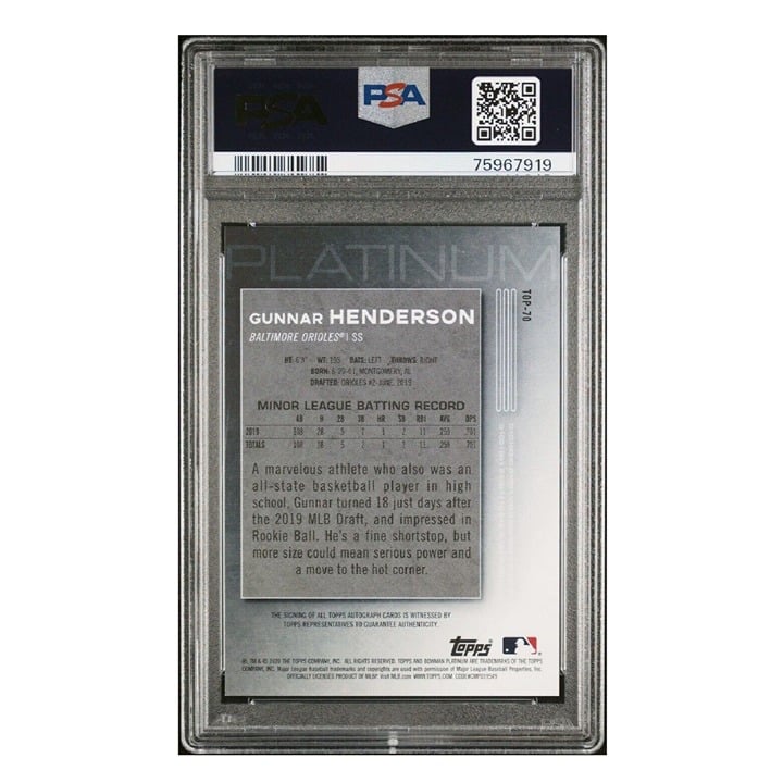 2020 Bowman Platinum Gunnar Henderson* #Top-70 Prospect Auto PSA 10 Gem Orioles*