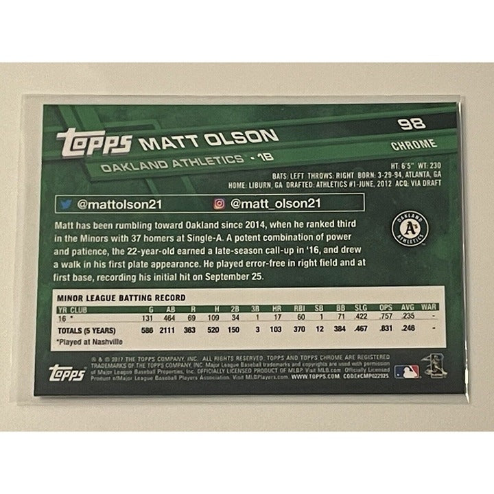 Matt Olson RC 2017 Topps Chrome Matt Olson Rookie Card #98 - MLB A’s/ NL Braves