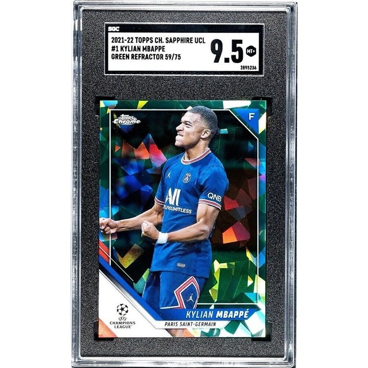 59/75 Kylian Mbappe 2021-22 Topps Chrome UEFA Green Refractor Edition #1 SGC 9.5