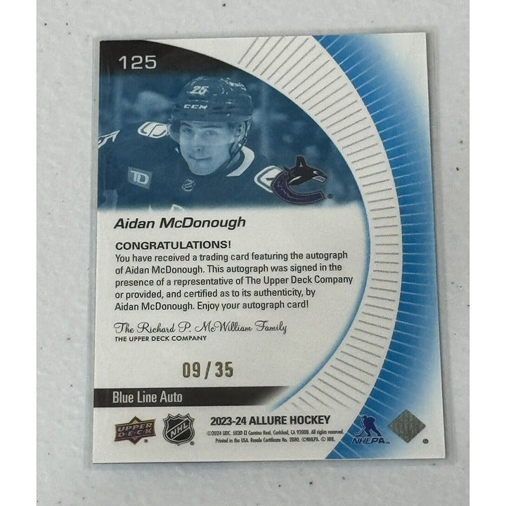 9/35! Aidan McDonough RC AUTO NHL 2023-24 UD ALLURE Red Rainbow Canucks Card 125
