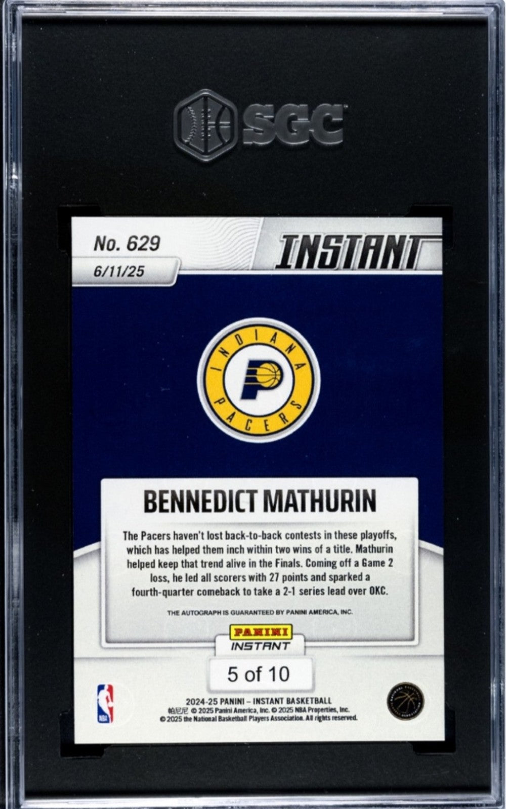 PANINI INSTANT
#629 BENNEDICT MATHURIN NBA FINALS
AUTOGRAPHED
JAGUAR 5/10 SGA 10