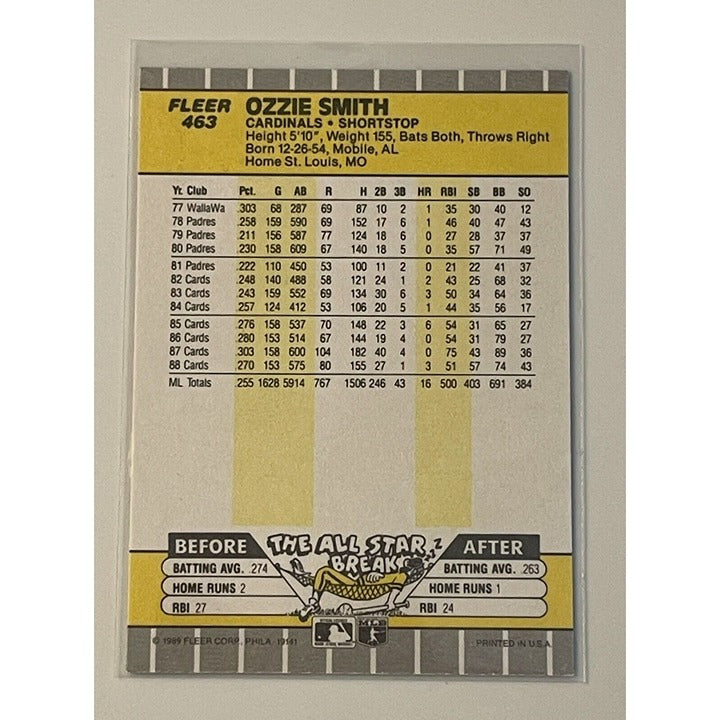 1989 Fleer Baseball Ozzie Smith MLB St. Louis Cardinals Baseball - Card #463 HOF