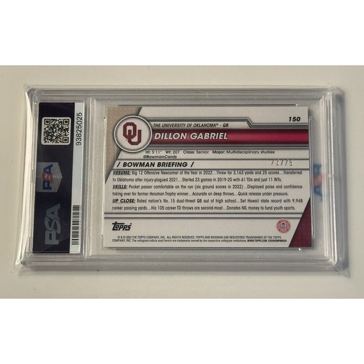 73/75* DILLON GABRIEL RC* 2023 Bowman U - Sapphire REFRACTOR Ducks #150 - PSA 10