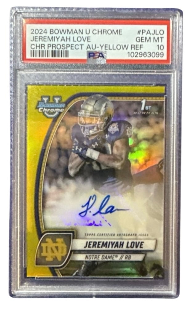 53/75* 2024 Bowman University Football Jeremiyah Love RC AUTO Yellow Ref. PSA 10