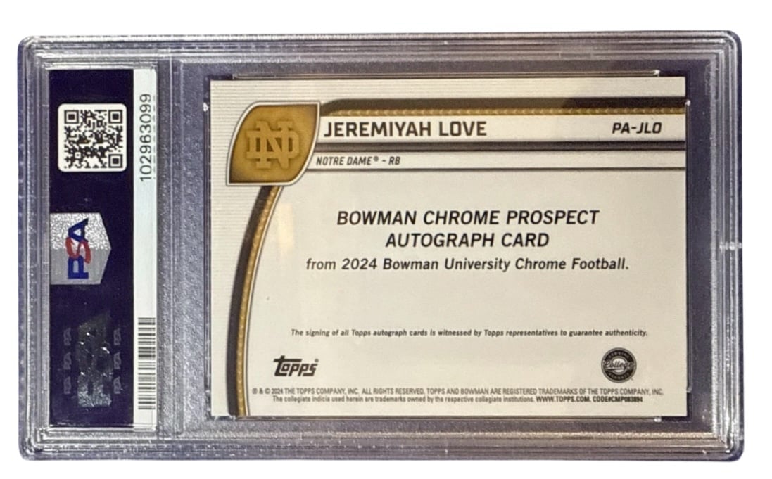 53/75* 2024 Bowman University Football Jeremiyah Love RC AUTO Yellow Ref. PSA 10