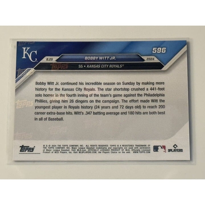 15/25* Bobby Witt Jr. Blue Parallel 2024 Topps Now MLB Royals 200 XBHs Card #596