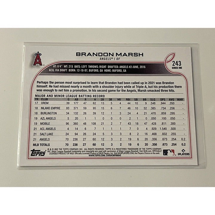 2022 Topps Series One Brandon Marsh* RC Card #243 - MLB NL Philadelphia Phillies