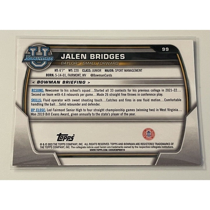 2022-23 Bowman University Chrome Jalen Bridge RC - 1st Bowman #99 - Baylor Bears