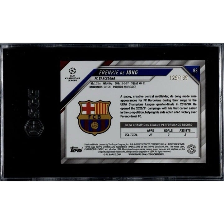129/199 Frenkie De Jong 2022 Topps Chrome Champions League #93 Aqua Ref. SGC 9.5