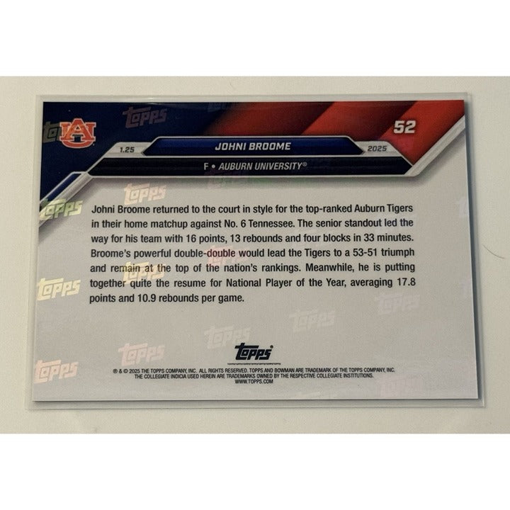 37/49* 2024-25 Bowman U Now Johni Broome Rookie Leads Top Ranked Tigers Card #52