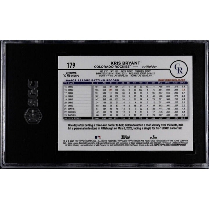 2024 Topps Chrome Kris Bryant MLB Colorado Rockies Baseball Edition #179 SGC 10*