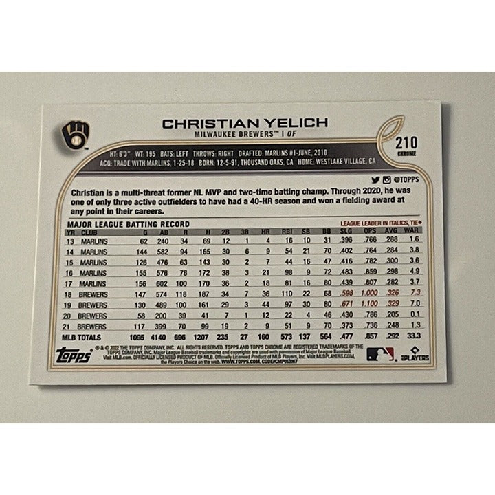 Christian Yelich 2022 Topps Chrome #210 Refractor MLB Milwaukee Brewers MINT!