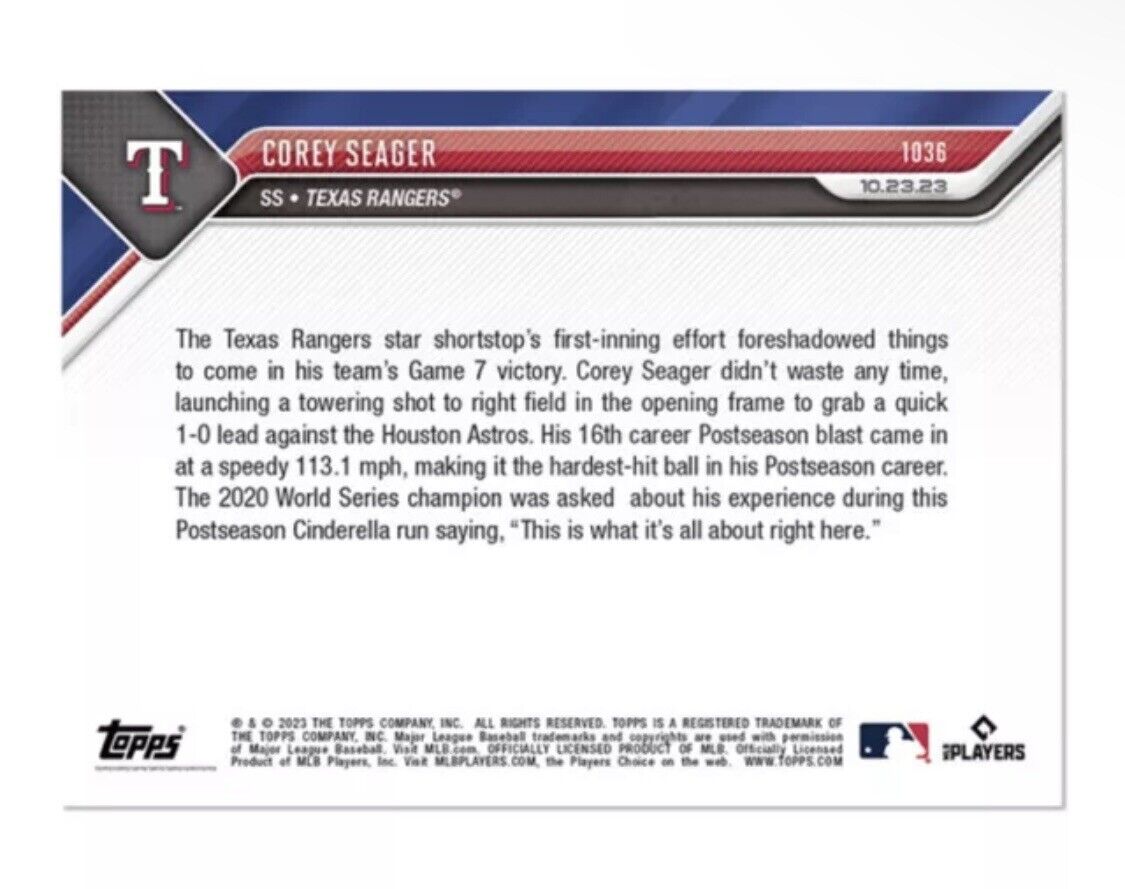 Corey Seager* - 2023 MLB TOPPS NOW Baseball Card 1036 - Texas Rangers - PR: 828!
