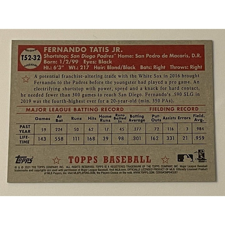 2021 Topps Series 1 Fernando Tatis JR* 1952 REDUX #T52-32 MLB - San Diego Padres