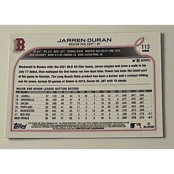 Jarren Duran RC*- 2022 Topps Chrome Refractor Rookie #113 - MLB Boston Red Sox