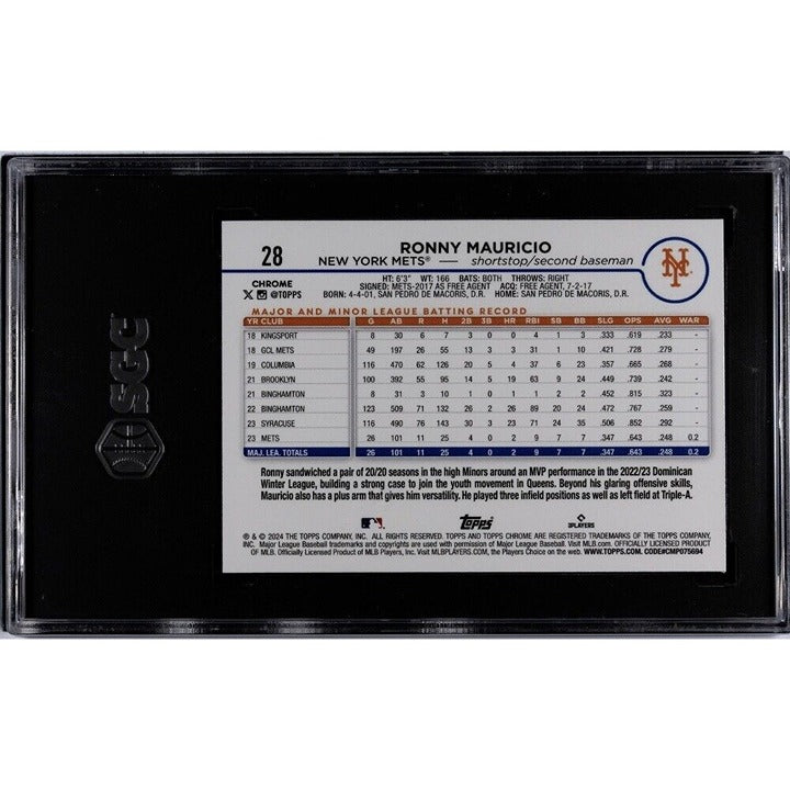 Ronny Mauricio RC 2024 Topps Chrome MLB New York Mets Card #28 - SGC 10 Gem Mint