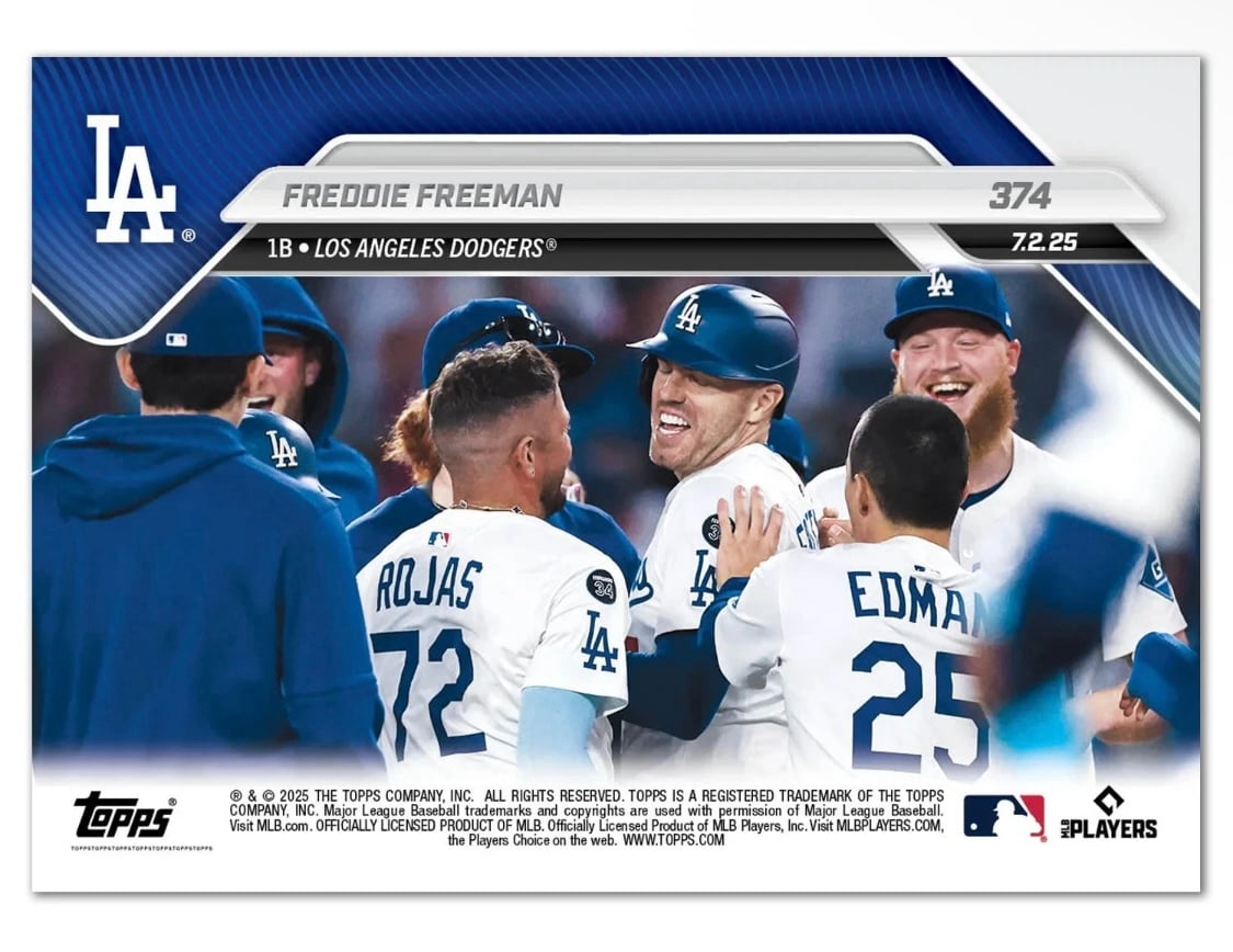 Freddie Freeman 2025 MLB Topps Card 374 - Provides LA walk Off on Special Night