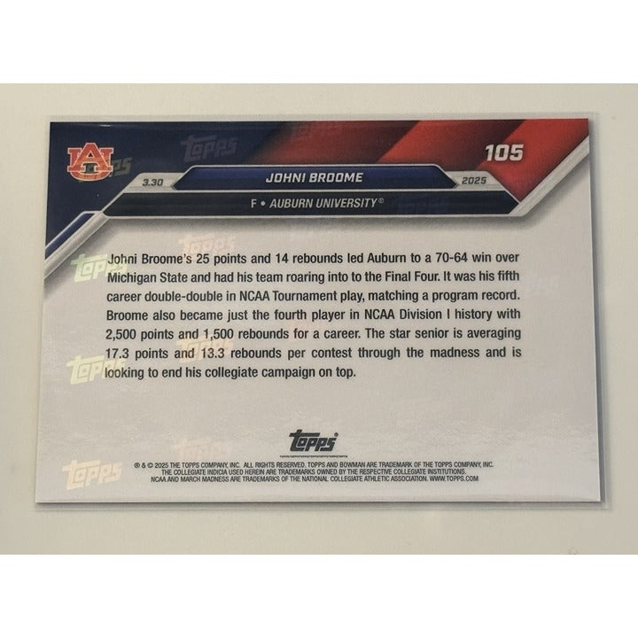 3/10! Johni Broome RC - Auburn Final 4 2024-25 Bowman U NOW Basketball Card #105