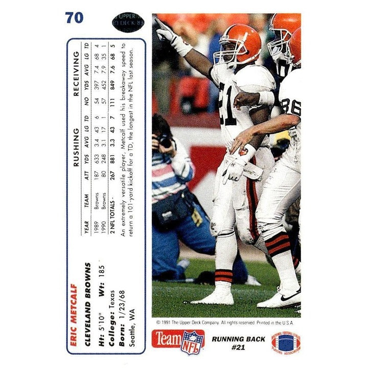 1991 Upper Deck Card #70b Eric - Metcalf - Vintage NFL Cleveland Browns Football