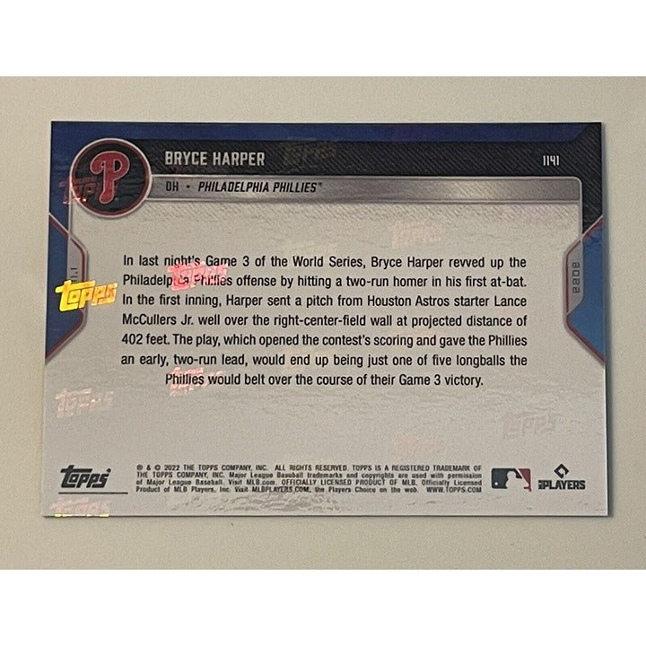 Bryce Harper* 2022 MLB TOPPS NOW 2 HR #1142 -MLB Phillies World Series 2 Run HR*