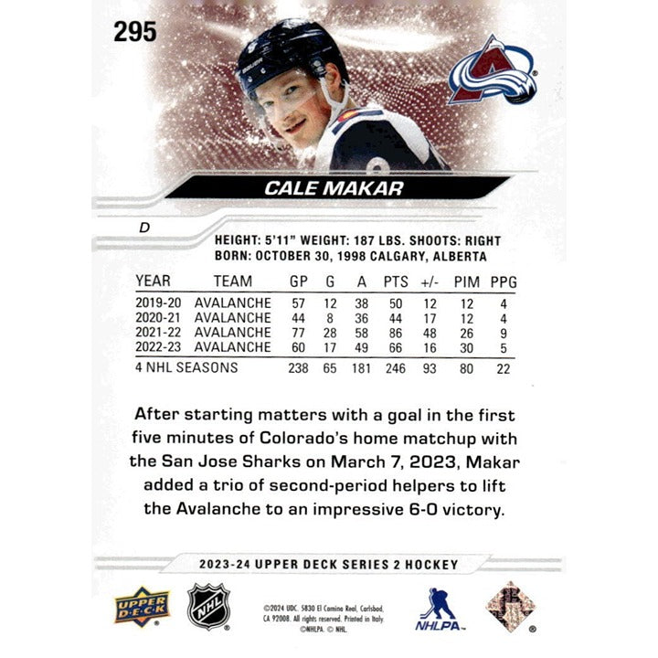 Cale Makar 2023-24 Upper Deck Series 2 NHL Hockey Card #295 - Colorado Avalanche