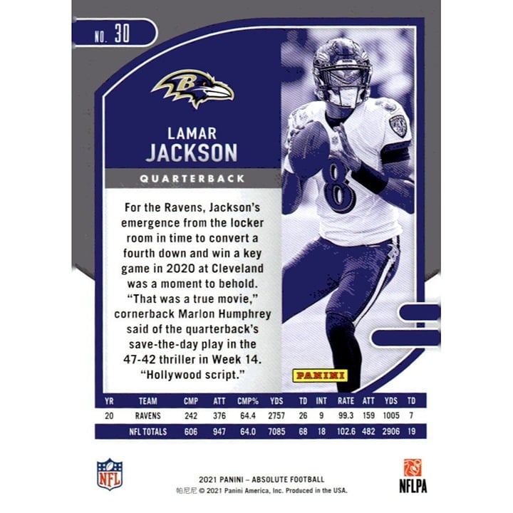 2021 Panini Absolute NFL Parallel Football Card #30 Lamar Jackson Green - Ravens