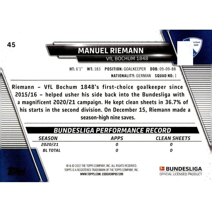 2021-22 Topps Bundesliga Soccer Japan Edition #27 Manuel Riemann VFL BOCHUM 1848