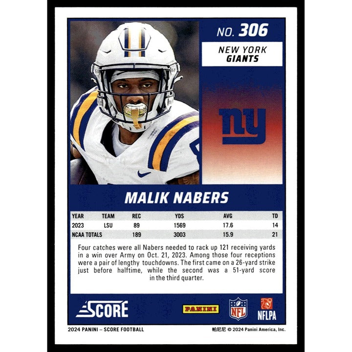 Malik Nabers RC - 2024 Score Football #306 - Green New York Giants Rookie Phenom