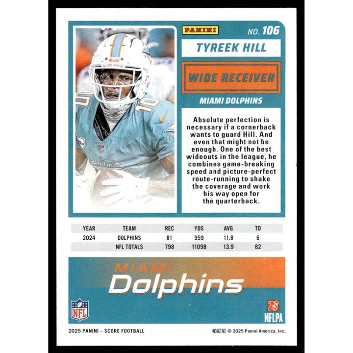 2025 NFL SCORE Panini Football Card Tyreek Hill Miami Dolphins 106