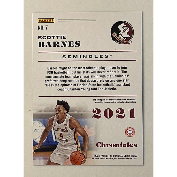 Scottie Barnes* RC 2021 Panini Chronicles #7 FSU/NBA - NBA Toronto Raptors Card*