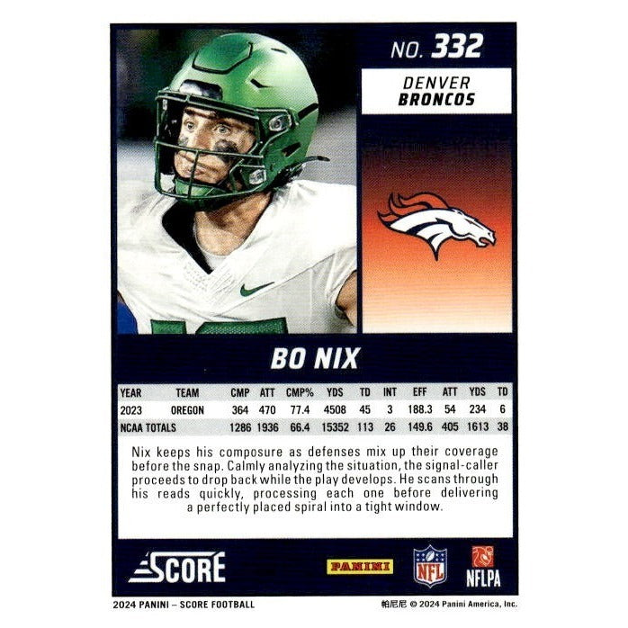 2024 NFL Score Football #332 Bo Nix Green RC* Denver Broncos Near Mint or Better