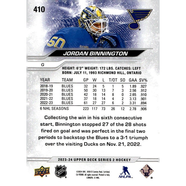 Jordan Binnington* 2023-24 Upper Deck Series 2 Update NHL Blues Hockey Card #410