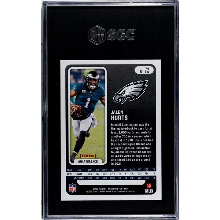 2022 Panini Absolute Jalen Hurts Card Number 72 NFL Philadelphia Eagles SGC 9.5*