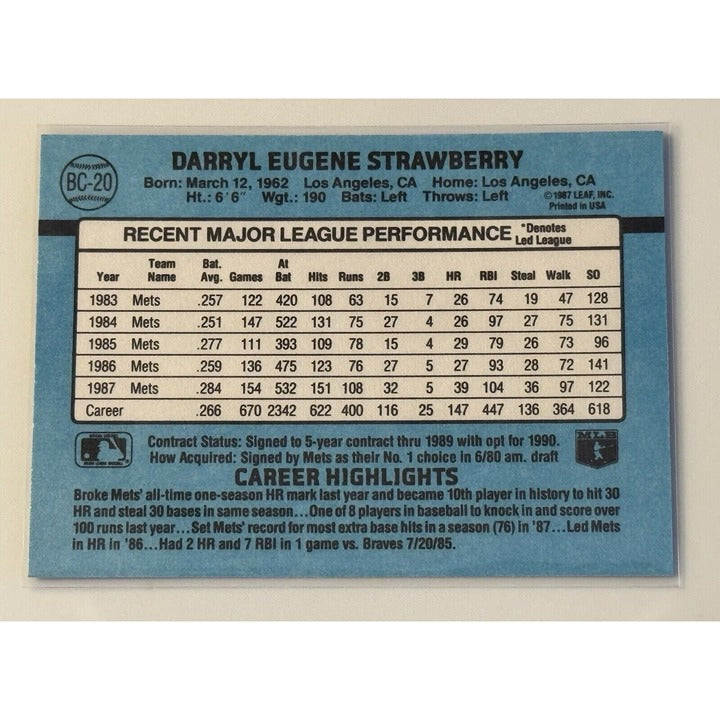 1989 Donruss DARRYL STRAWBERRY MVP Card MLB NY Mets Baseball #BC-20 INSERT MINT!