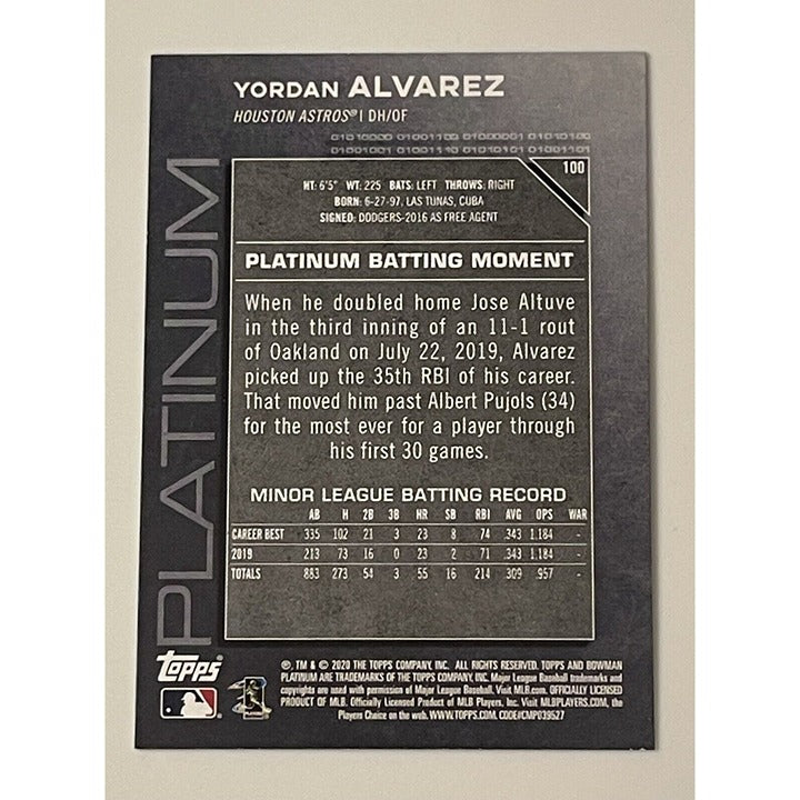 2020 Bowman Platinum Yordan Alvarez RC Refractor #100 - MLB World Series Champs*