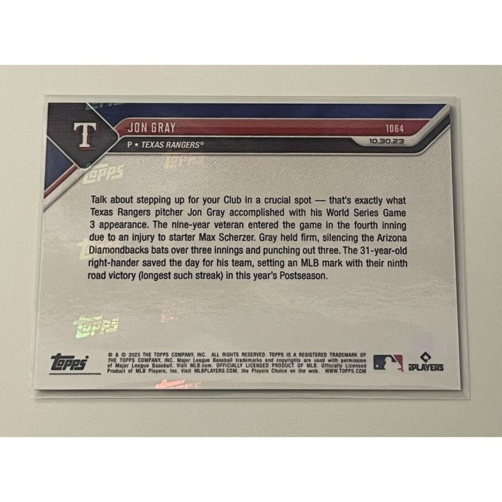 Jon Gray 20/49* Pitches In Relief 2023 MLB TOPPS NOW MLB Rangers WS - Card #1064