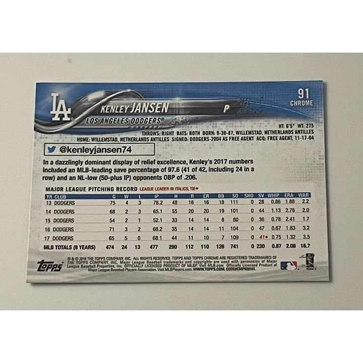 2018 Topps Chrome Kenley Jansen* - MLB Los Angeles Dodgers Baseball NL Card #91