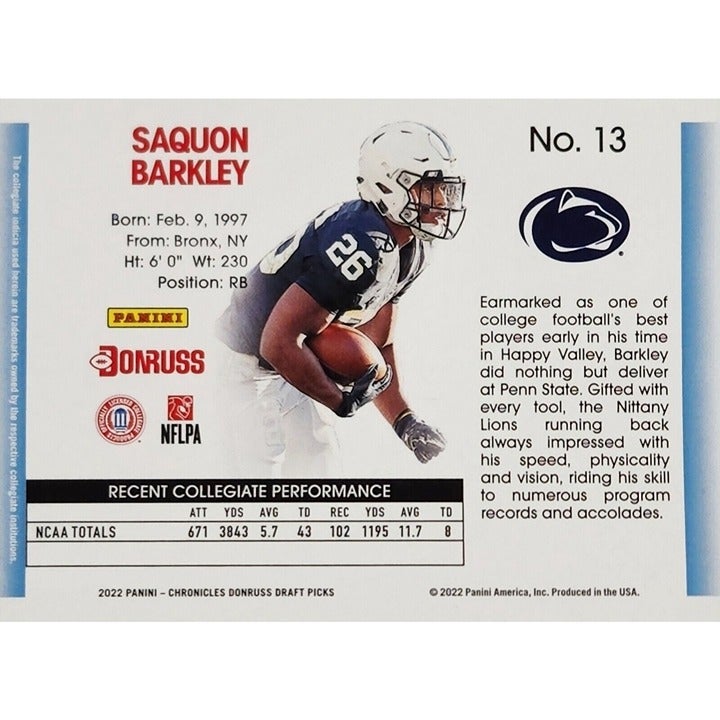 2022 Panini Donruss Draft Picks Saquon Barkley #13 - Penn State/NFL NY Giants FB